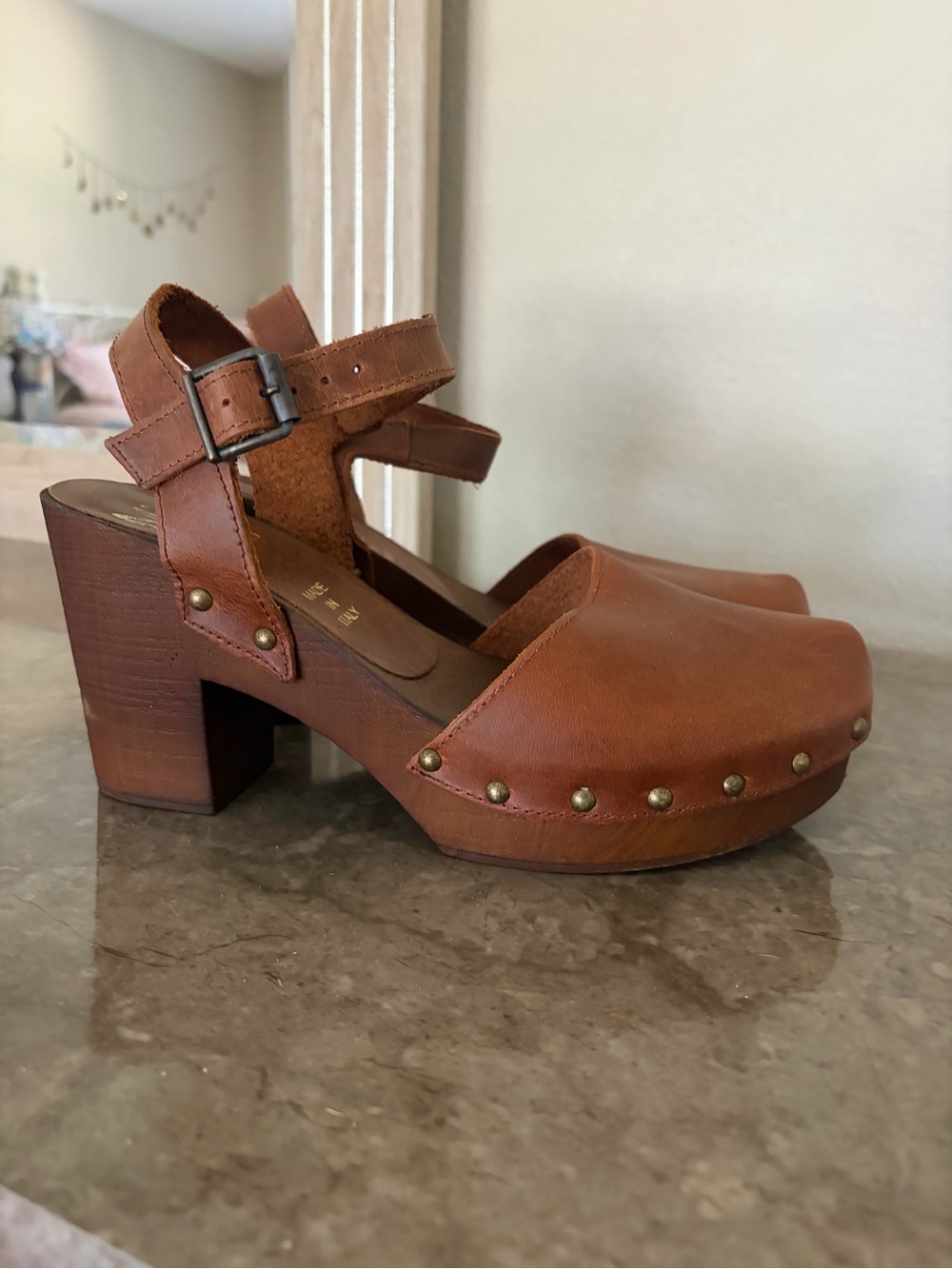 Handmade in Italy Vintage Inspired Swedish Leather Mule Clogs with Buckle